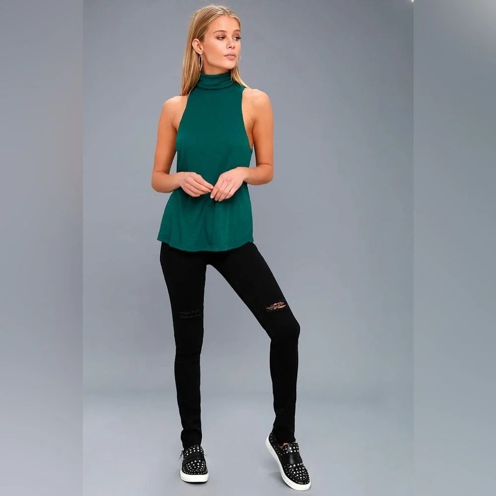 Free People Topanga Forest Green Sleeveless Turtleneck Top